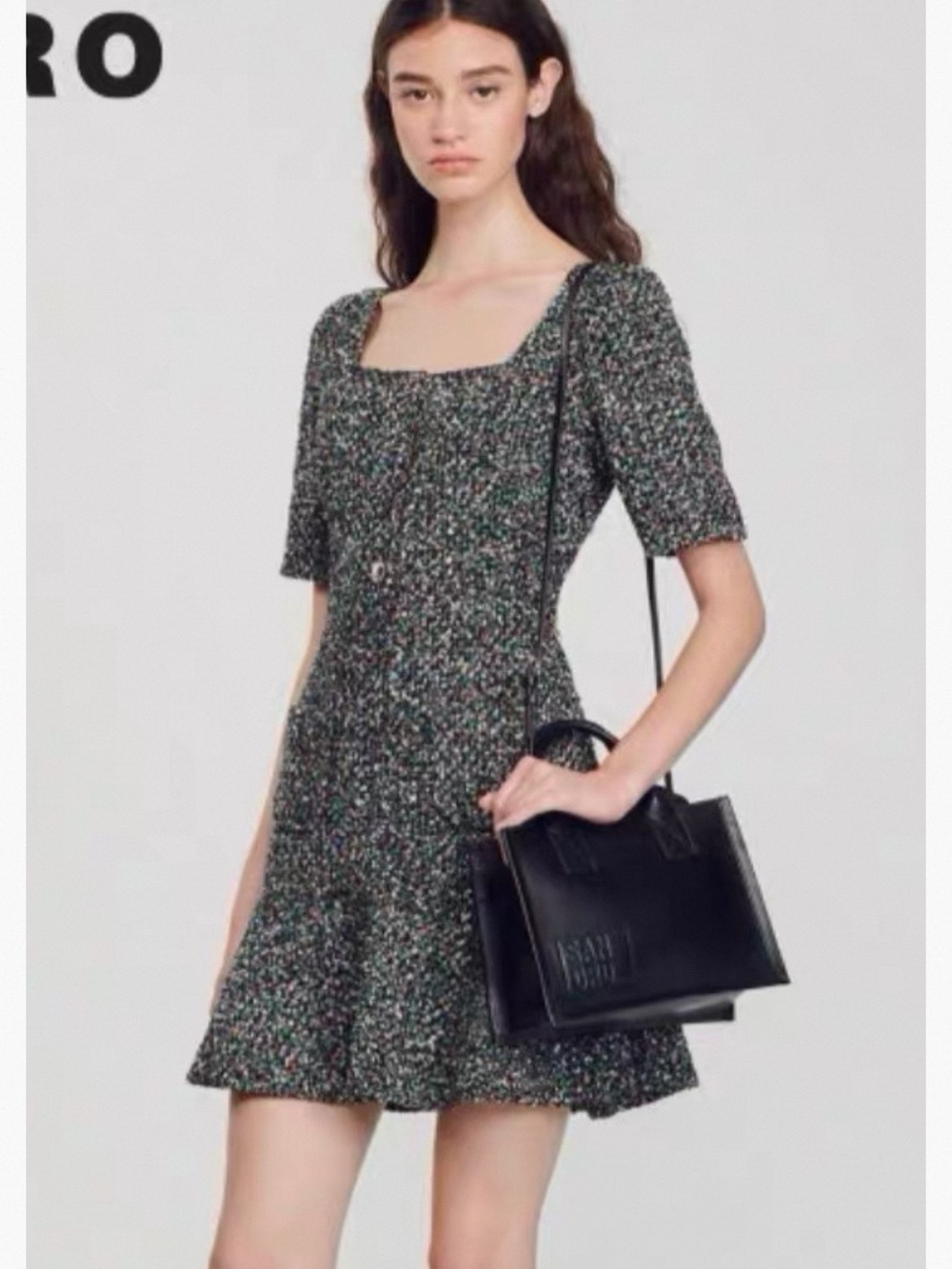 Sandro Square-Neck Short Sleeve Floral Skater Dress - Black